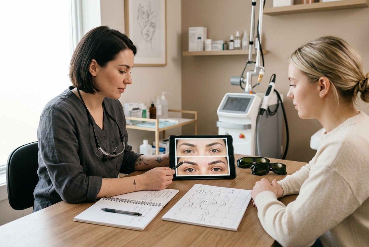 tattoo-studio scene: laser removal specialist reviewing close-up brow photographs, pigment history notes, and a session-plann