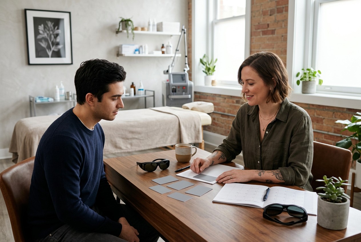 tattoo-studio scene: consultant and client reviewing several blank payment-plan cards and a session calendar at a tidy consul