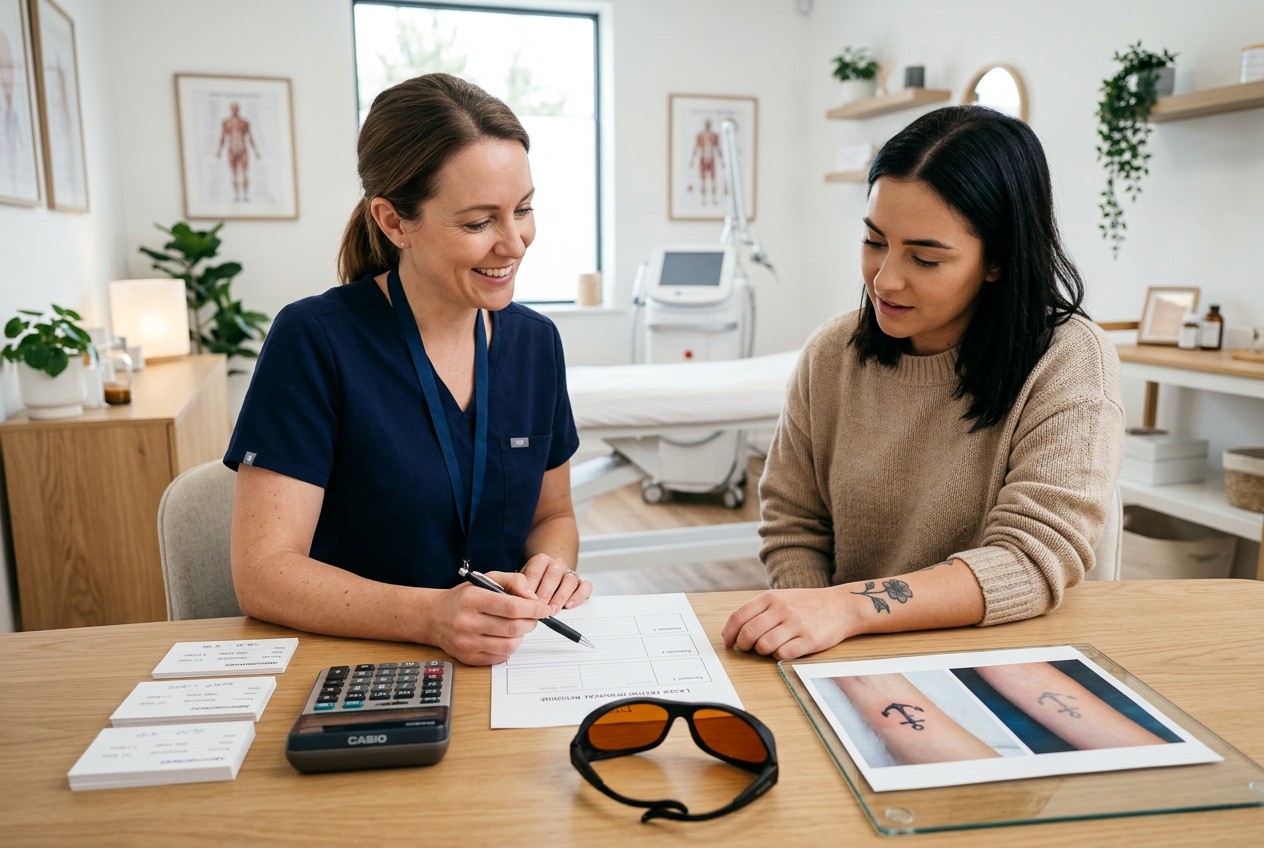tattoo-removal consultation desk with three appointment cards, calculator, blank pricing worksheet, protective eyewear, and t