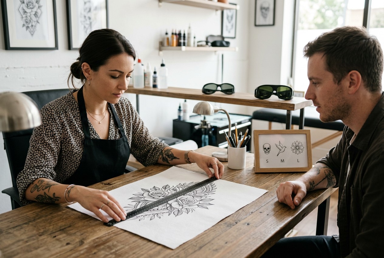 tattoo-studio scene: a provider measuring the length and width of a large tattoo design printed on paper at a consultation de