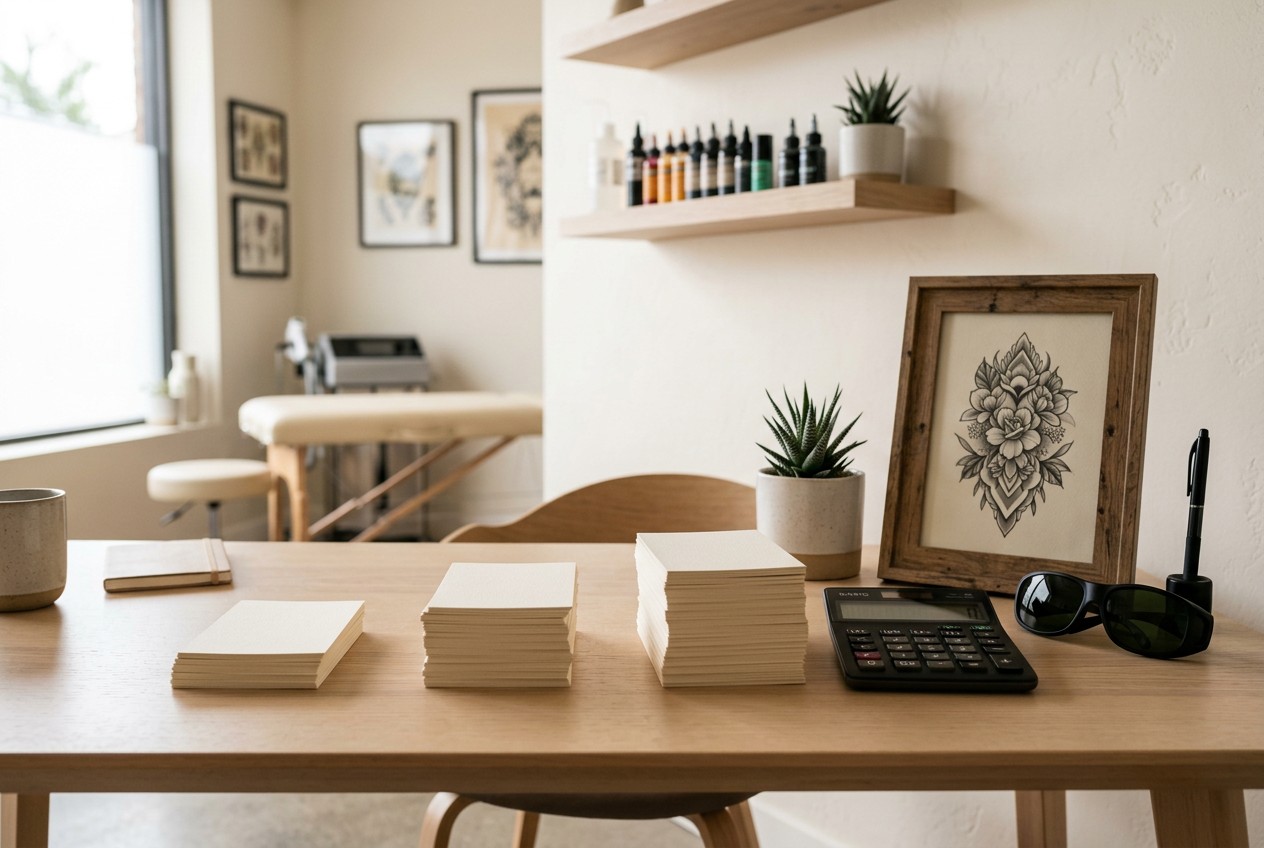 tattoo-studio consultation desk with three neatly grouped stacks of 6, 10, and 15 blank appointment cards beside a calculator
