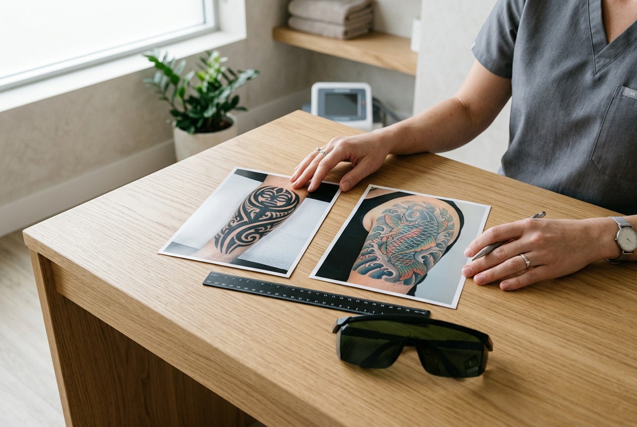 Overhead photograph of a tattoo-removal consultation desk in a neutral laser studio, showing two equal-size tattoo reference