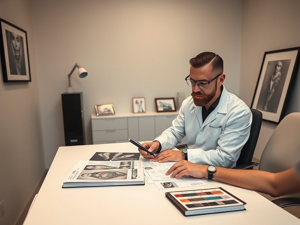 tattoo-studio consultation: a specialist and client reviewing tattoo photographs, size diagrams, ink color swatches, and trea