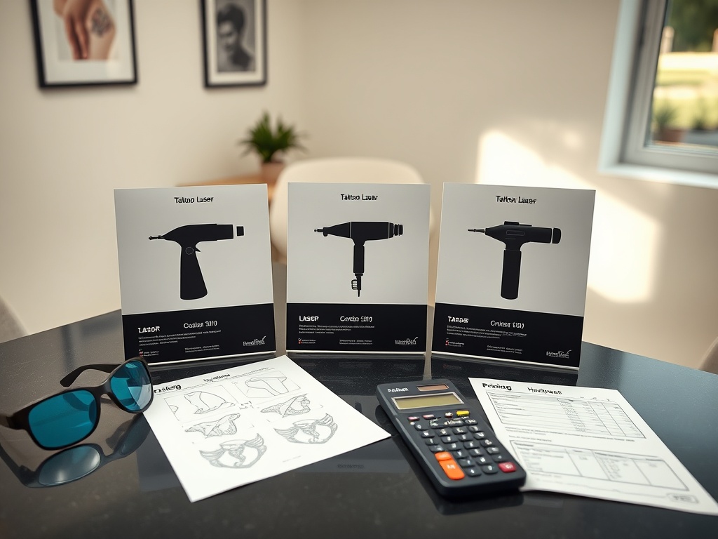 tattoo-studio scene: consultation desk displaying three unbranded laser device brochures represented by distinct device silho