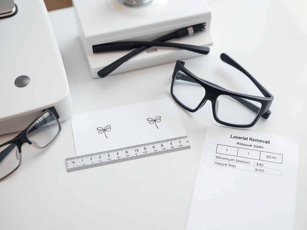 tattoo-removal consultation: a neutral laser studio desk displaying two small tattoo-size reference sketches—quarter-sized an