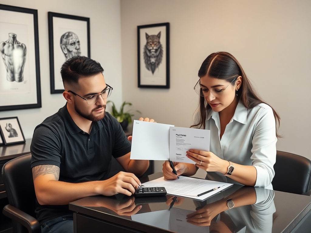 tattoo-studio scene: client and consultant reviewing three discreet payment choices using blank cards, a calculator, and an u