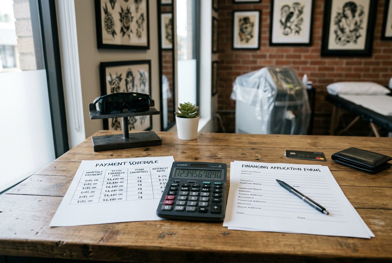 tattoo-studio consultation desk with a calculator, payment schedule, blank financing forms, credit card, ink artwork, and pro