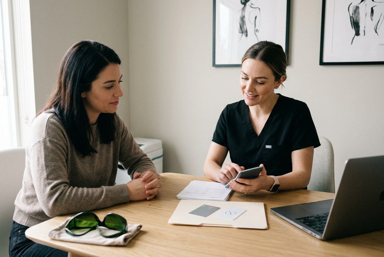 tattoo-removal consultation: a client and specialist calmly comparing payment options at a tidy desk with calculator, blank p