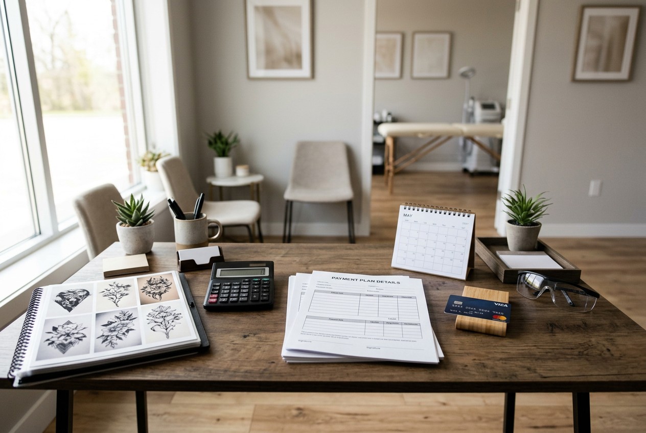tattoo-studio consultation desk with a calculator, neatly arranged payment-plan documents featuring blank charts, a calendar